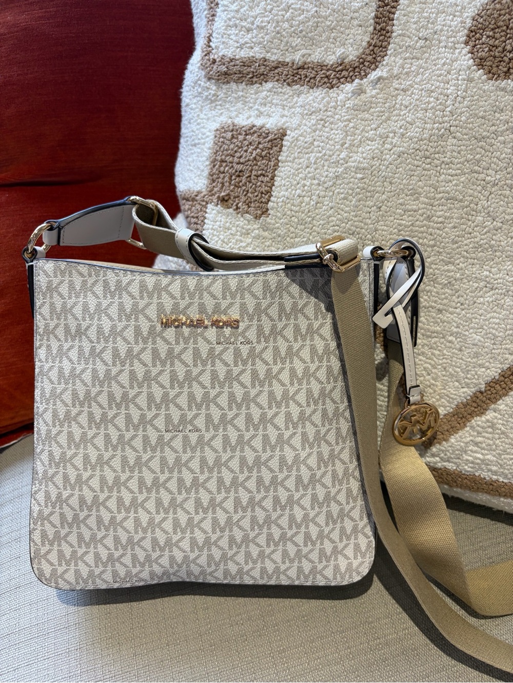 Michael Kors Neutral MK Logo Canvas Crossbody with Gold Hardware